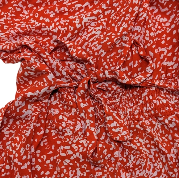 H&M Women's US 10 Large Orange White Cheetah Print Button Up Romper w/ Waist Tie - Picture 7 of 16
